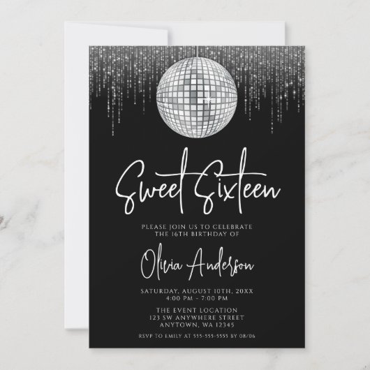 Invitation Disco Lights Silver Black Sweet 16 (Devant)
