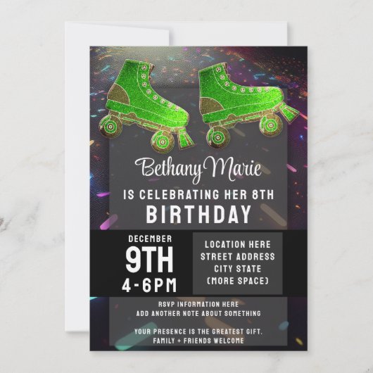 Invitation Disco Rollerskate Birthday Parties scintillant Rol (Devant)