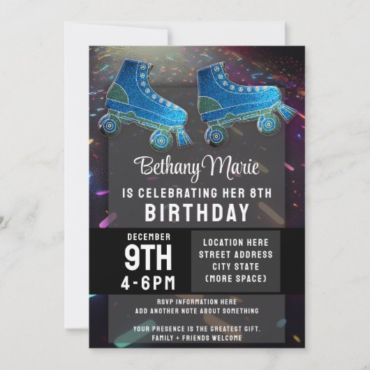 Invitation Disco Rollerskate Birthday Parties scintillant Rol (Devant)