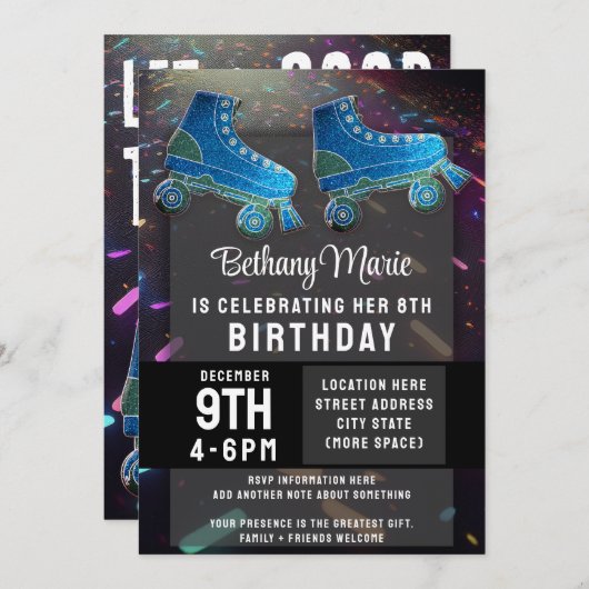 Invitation Disco Rollerskate Birthday Parties scintillant Rol (Devant / Derrière)