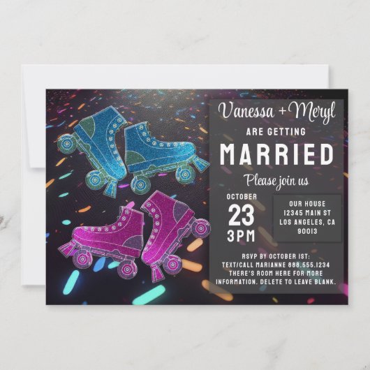 Invitation Disco Rollerskate Mariage Parties scintillant Roll (Devant)
