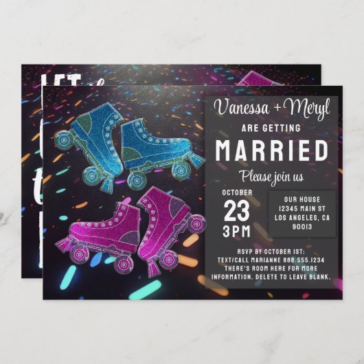 Invitation Disco Rollerskate Mariage Parties scintillant Roll (Devant / Derrière)