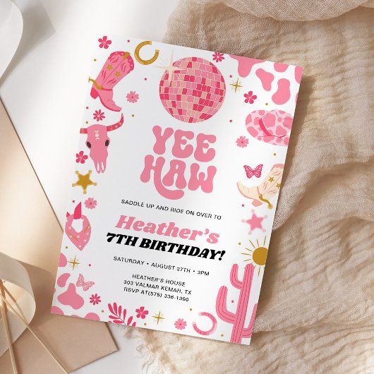 Invitation Disco Space Pink Cowgirl Western Anniversaire