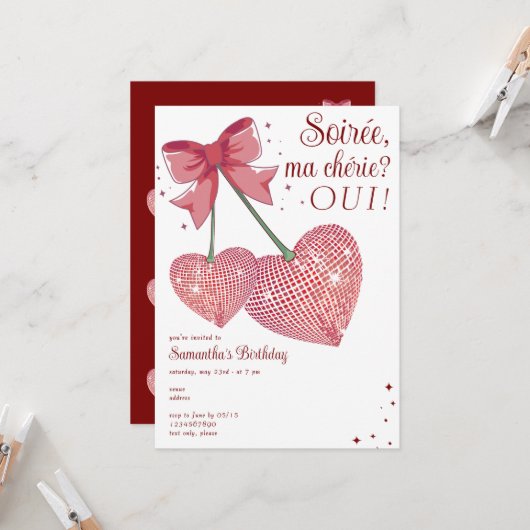 Invitation Disco tendance Coquette Cherry Sweet Anniversaire  (Devant/Arrière en situation)