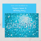Invitation Disco Tiles Blue "party" !invitation (Devant / Derrière)