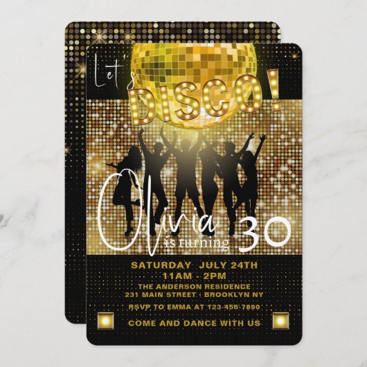 Invitation Discothèque Noir et Or N'importe quel âge fête d'a (Devant / Derrière)