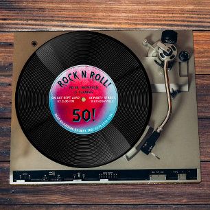 Invitation Disque Vinyle Rétro Rock N Roll Bleu Rouge Anniver