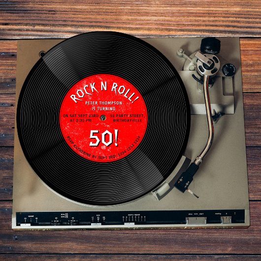 Invitation Disque Vinyle Rétro Rock N Roll Rouge Anniversaire
