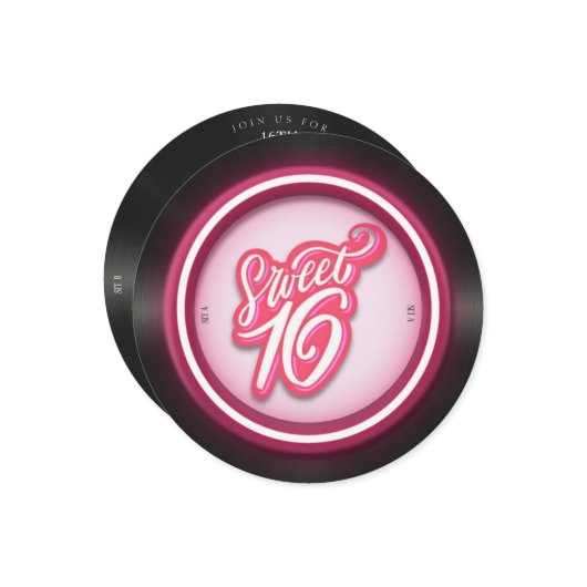 Invitation disque vinyle rose Retro doux 16 anniversaire (Devant/Arrière en situation)