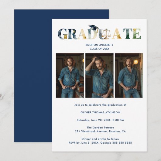 Invitation Distinguished Navy Blue Grad Law 3-Photo Layout (Devant / Derrière)