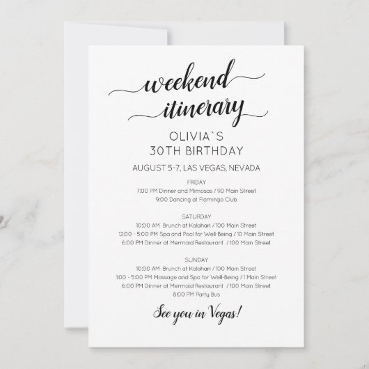 Invitation d'itinéraire d'anniversaire de week-end (Devant)