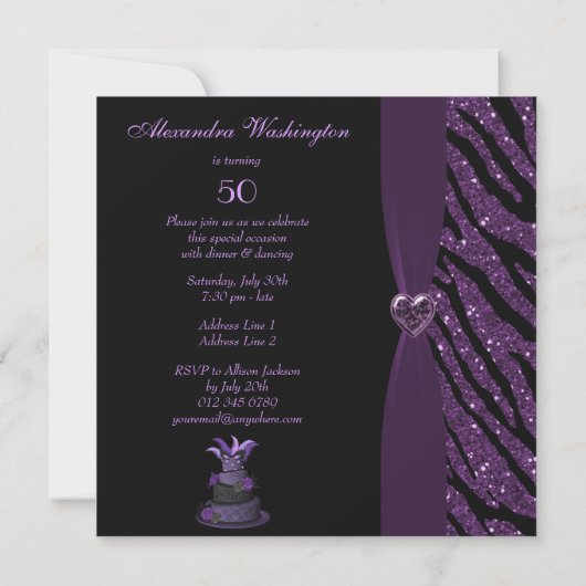 Invitation Diva Cake & Printed Zebra Parties scintillant 50e  (Dos)