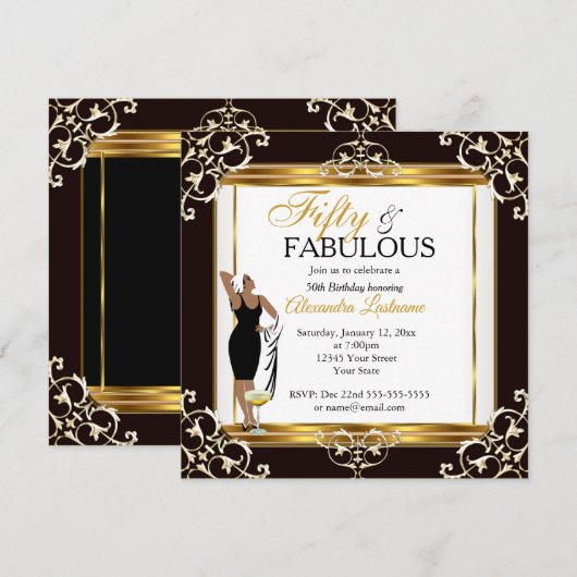 Invitation Diva fabuleuse déco Lady Gold Noir 50e Anniversair (Devant / Derrière)