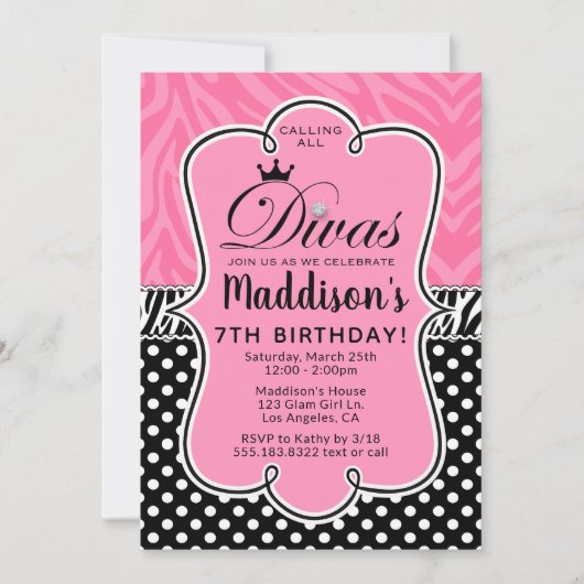 Invitation Diva Zebra Pink and Black Girl's Birthday Party (Devant)