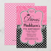 Invitation Diva Zebra Pink and Black Girl's Birthday Party (Devant / Derrière)