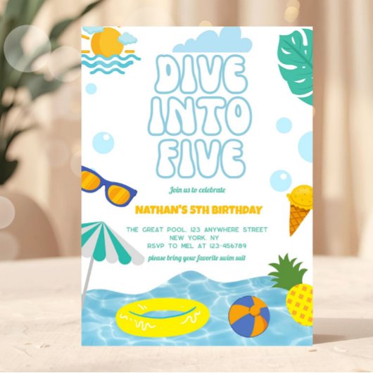 Invitation Dive Into Five Boy 5th Birthday Pool Summer Party