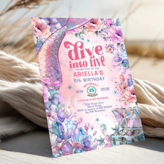 Invitation Dive into Five Flower Glitter Mermaid Tail