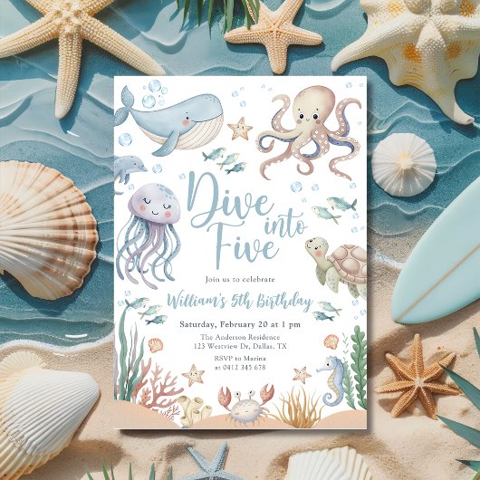 Invitation Dive Into Five Ocean Animals 5th Birthday