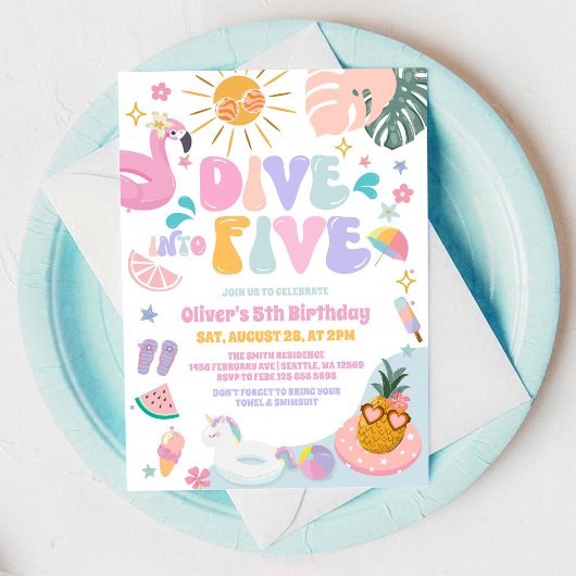 Invitation Dive Into Five Pool Party Summer 5th Birthday