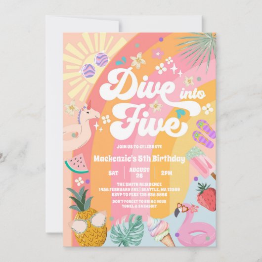 Invitation DIve Into Five Rainbow Sun Summer 5th Birthday (Devant)