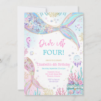 Invitation Dive Into Four Mermaid Under the Sea 4th Birthday