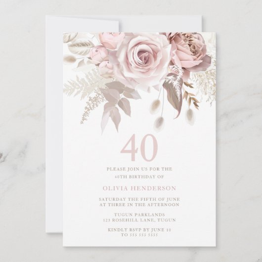 Invitation Divine Blush rose Roses 40e fête d'anniversaire (Devant)