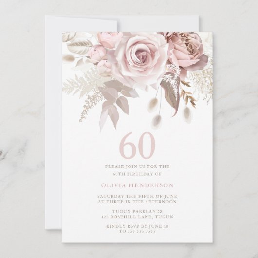 Invitation Divine Blush rose Roses 60e fête d'anniversaire (Devant)