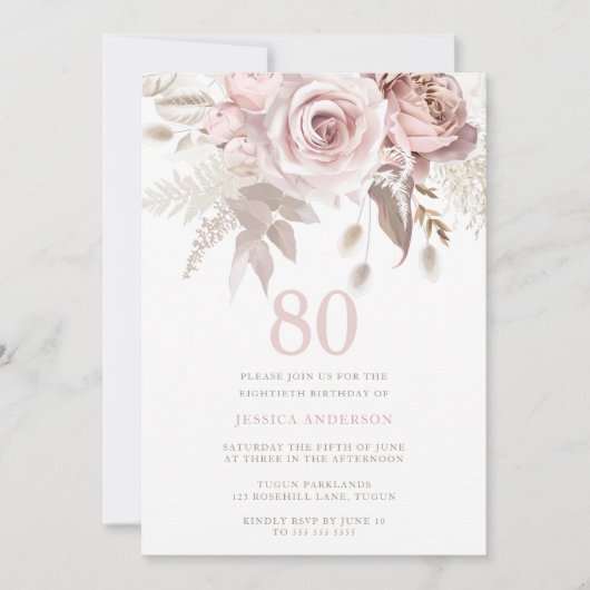 Invitation Divine Blush Rose Roses 80e fête d'anniversaire (Devant)