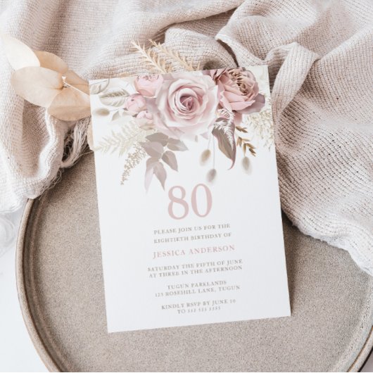 Invitation Divine Blush Rose Roses 80e fête d'anniversaire