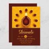Invitation Diwali Diyas avec rayons de soleil jaune (Devant / Derrière)