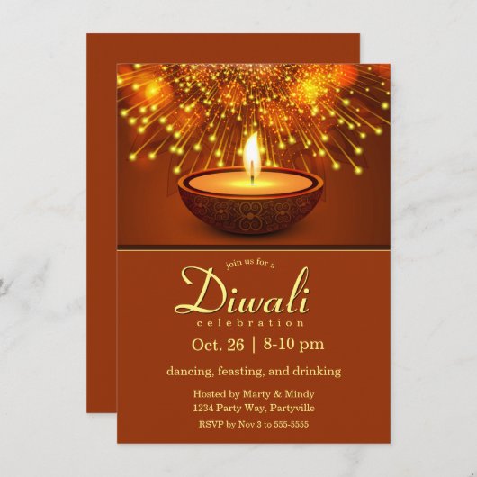 Invitation Diwali Diyas et feux d'artifice (Devant / Derrière)
