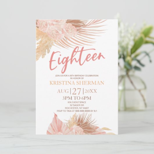 Invitation Dix-huit Boho rose florale 18e fête d'anniversaire (Debout devant)