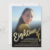 Invitation Dix-huit photo clé or noir 18e anniversaire (Devant)