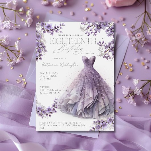 Invitation Dix-huitième 18 Anniversaire Robe Lilac Violet Flo