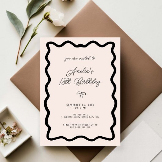 Invitation Dix-huitième anniversaire bordure cursive à nœud f