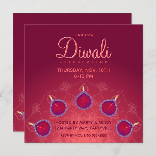 Invitation Diyas violet sur Rangoli (Devant / Derrière)