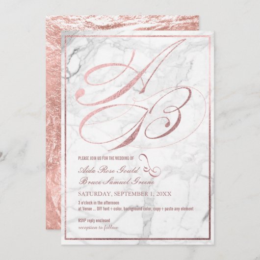 Invitation DO-IT-YOURSELF Couleur, Monogrammes, Faux Rose Gol (Devant / Derrière)