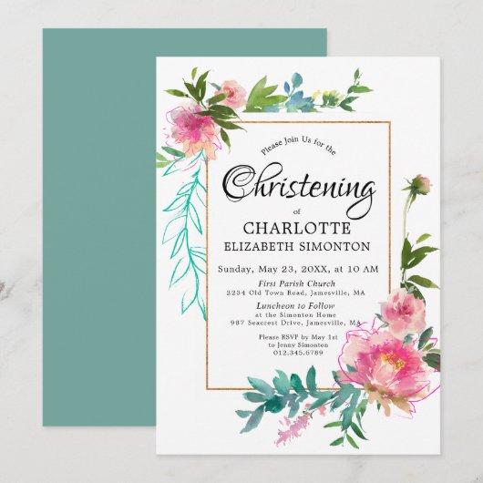 Invitation do-it-yourself rose florale Aquarelle Christening  (Devant / Derrière)