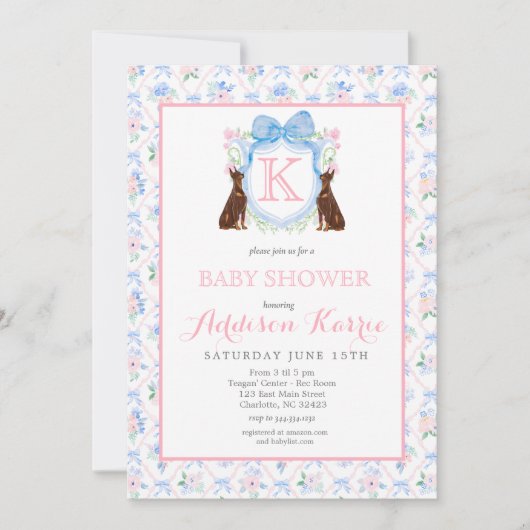 Invitation Doberman chien Monogram Crest Baby shower Invitati (Devant)