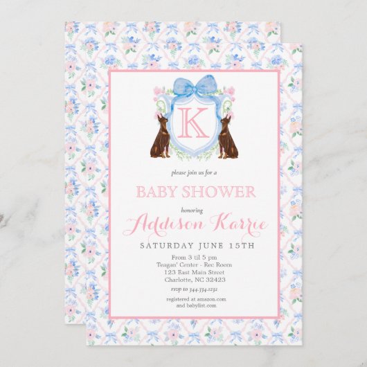 Invitation Doberman chien Monogram Crest Baby shower Invitati (Devant / Derrière)