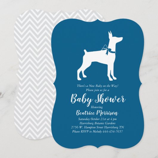 Invitation Doberman Pinscher Chien Baby shower Blue Boy (Devant / Derrière)