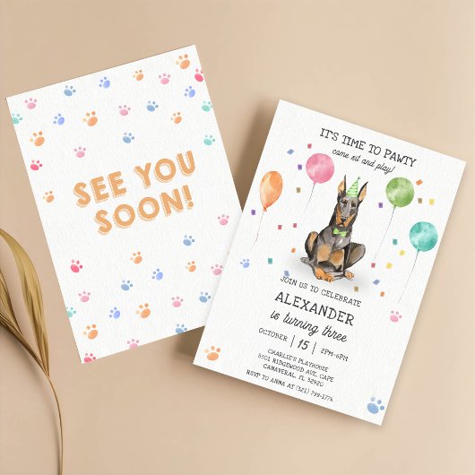 Invitation Dobermann Pawty Puppy Anniversaire rose