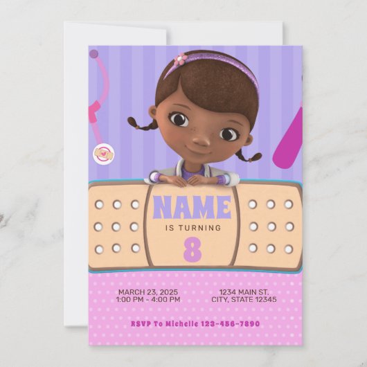 Invitation Doc McStuffins Anniversaire rose violet (Devant)