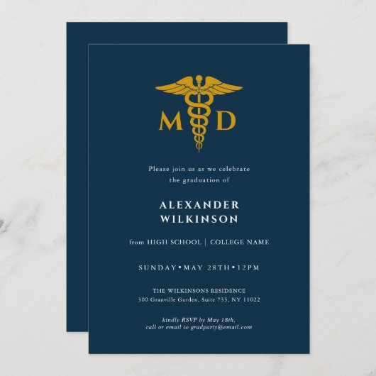 Invitation Docteur Bleu Or Moderne École Médicale Graduation (Devant / Derrière)