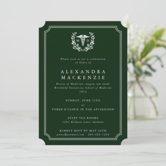 Invitation Docteur en médecine en vert foncé/blanc Caduceus (Debout devant)