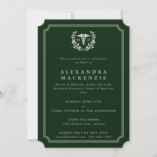 Invitation Docteur en médecine en vert foncé/blanc Caduceus (Devant)