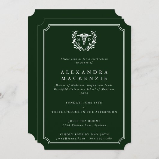 Invitation Docteur en médecine en vert foncé/blanc Caduceus (Devant / Derrière)