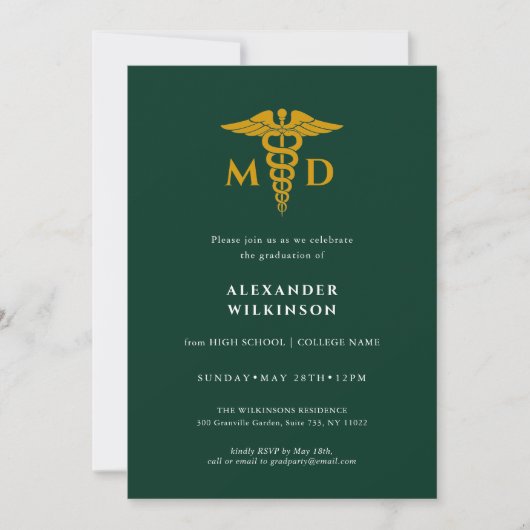 Invitation Docteur Green Gold Moderne Ecole Médicale (Devant)