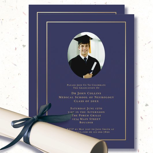 Invitation Docteur Navy Blue Médicale School Photo Graduation