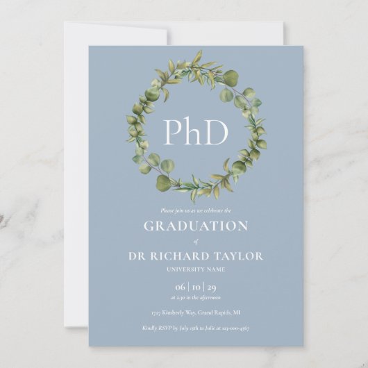 Invitation Doctorat Diplôme Dusty Blue Garland Graduation (Devant)
